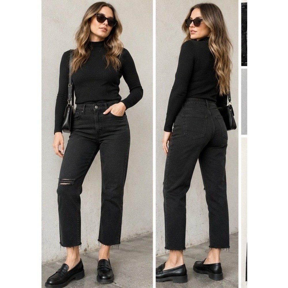 Jen7 by 7 For All Mankind Skinny Jeans Women 8 Black Distressed Raw Hem Edgy BK1
